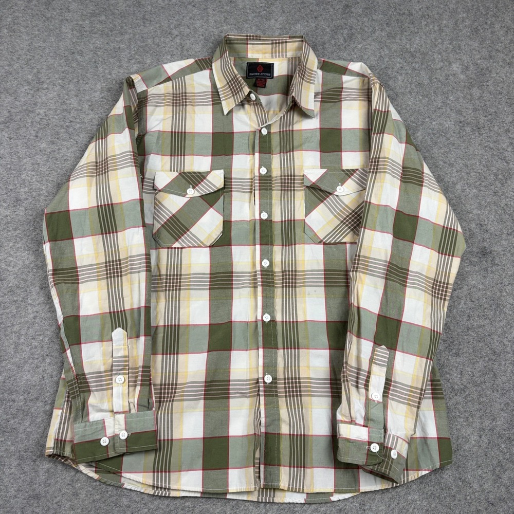 Swiss Cross Button Up Shirt Mens XL Green Plaid Long Sleeve‎ Utility Pocket